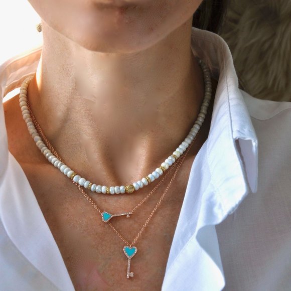 14k Pave Diamond Turquoise Diamond Key Pendant/Necklace - Picture 1 of 6